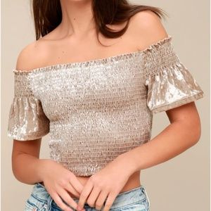 NWT TAUPE SMOCKED VELVET OFF-THE-SHOULDER CROP TOP